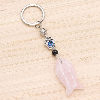  Natural Rose Quartz Fish Keychain, Hamsa Hand, 10cm