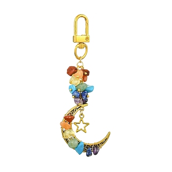 Synthetic & Natural Mixed Gemstone Pendant Decorations, with Tibetan Style Alloy Charms and Alloy Swivel Clasps, Moon, Golden, 100mm, Pendants: 70x30x9.5mm