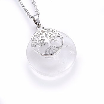 Natural Quartz Crystal Pendant Necklaces, with 304 Stainless Steel Findings, Flat Round with Tree, 19.68 inch(50cm), Pendant: 40x28x6mm