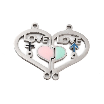 Valentine's Day 304 Stainless Steel Enamel Girll Boy Connector Charms, Love Heart Links Set, Stainless Steel Color, 23x28x1mm, Hole: 1.5mm, Left: 23x15x1mm, Right: 22.5x14x1mm, 2pcs/set