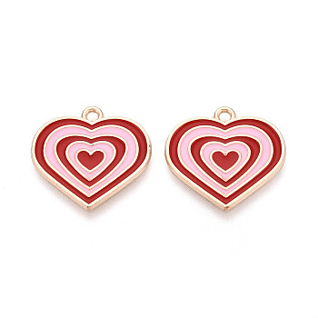 Alloy Enamel Pendants, Heart Charms, Golden, Pink, 21x22x1.5mm, Hole: 1.8mm