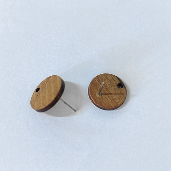 Coconut Brown Wood Stud Earring Findings, with Alloy Earring Pin, Flat Round, Platinum, 15.5x2.5mm, Hole: 1.5mm, Pin: 0.6mm