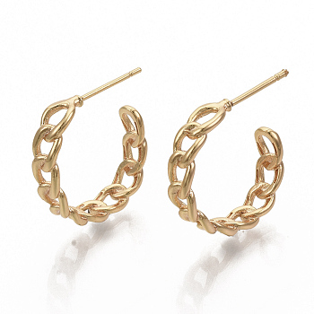 Semicircular Brass Stud Earrings, Half Hoop Earrings, Letter C Shape, Nickel Free, Real 18K Gold Plated, 17x5x19.5mm, Pin: 0.8mm