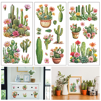 3Pcs PVC Waterproof Decorative Stickers, Self Adhesive Decals for Furniture Decoration, Cactus, 15x30cm