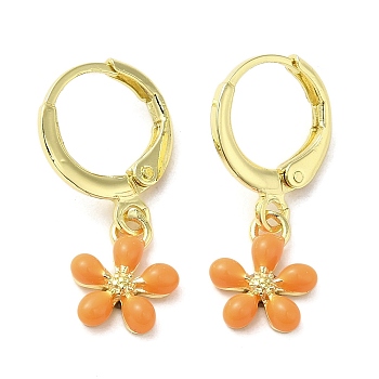 Flower Real 18K Gold Plated Brass Dangle Leverback Earrings, with Enamel, Orange, 24x9mm