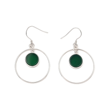 Natural Green Onyx Agate Flat Round Dangle Earrings, Real Platinum Plated Rhodium Plated 925 Sterling Silver Earrings, 46x27.5mm