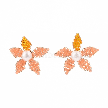 Aretes de perlas naturales y semillas de vidrio trenzadas con cuentas de flores(EJEW-MZ00021)-3
