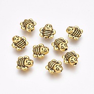 Zinc Alloy Beads, Lead Free & Cadmium Free, 3D Bees, Antique Golden, 9x9x4mm, Hole: 1mm(X-PALLOY-ZN29435-AG-FF)