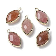 Natural Strawberry Quartz Pendants, with Platinum Brass Edge, Faceted, Horse Eye, 22x12x5.5mm, Hole: 1.8mm(G-B009-01G-Z)