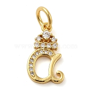 Brass Micro Pave Cubic Zirconia Pendants, with Jump Ring, Letter A, Letter A, 16x9x2mm, Ring: 6x1mm, Inner Diameter: 4mm(KK-M273-01G-A)