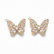 Brass Micro Pave Cubic Zirconia Pendants, Nickel Free, Butterfly, Real 18K Gold Plated, Clear, 14x17x3mm, Hole: 1.2mm(X-KK-R132-015-NF)