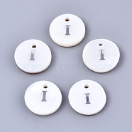 Natural Freshwater Shell Pendants, with Platinum Plated Iron Etched Metal Embellishments, Flat Round with Initial Letter, White, Letter.I, 11x2mm, Hole: 1.5mm(SHEL-Q018-01A-I-P)