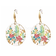 Transparent Epoxy Resin Flat Round with 3D Printed Flower Pattern Dangle Earrings, with Gold Foil, with 316 Surgical Stainless Steel Hooks, Colorful, 65mm, Pin: 0.7mm(EJEW-JE04580)