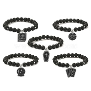 Natural Lava Rock & Black Agate Beaded Stretch Bracelet with Alloy Enamel Charms, Mixed Shapes, Inner Diameter: 2-1/8 inch(5.4cm)(BJEW-JB09501)