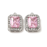 304 Stainless Steel Pendants, with Glass Rhinestone, Rectangle Charms, Pink, 16x11.5x4.5mm, Hole: 1.4mm(STAS-L022-082P-01)