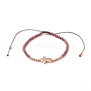 Adjustable Nylon Cord Braided Bead Bracelet, with Glass Seed Beads and Brass Micro Pave Clear Cubic Zirconia Cross Beads, Old Rose, Inner Diameter: 2-1/4~ 4-1/8 inch (5.6~10.5cm)(BJEW-JB05732-01)