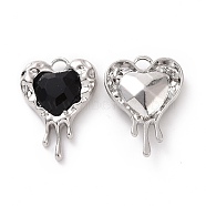 Rack Plating Alloy Glass Pendants, Cadmium Free & Lead Free & Nickle Free, Platinum Tone Melting Heart Charms, Black, 24x17x5mm, Hole: 2.5mm(FIND-I037-21P-03)