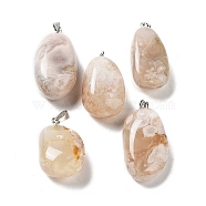 Natural Cherry Blossom Agate Pendants, Nuggets Charms with Stainless Steel Color Plated 201 Stainless Steel Snap on Bails, 29.5~37x15~18x8~12mm, Hole: 5x3mm(G-P525-01P-01)