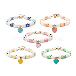 Heart Charm Bracelet, Polymer Clay Heishi Surfer Bracelet, Preppy Jewelry for Women, Golden, Mixed Color, 7-5/8 inch(19.4cm)(BJEW-JB07655)