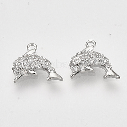 Brass Micro Pave Cubic Zirconia Charms, Nickel Free, Dolphin, Clear, Real Platinum Plated, 9x10.5x2.5mm, Hole: 0.9mm(KK-T048-041P-NF)
