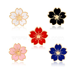 Creative Zinc Alloy Brooches, Enamel Lapel Pin, with Iron Butterfly Clutches or Rubber Clutches, Sakura Flower, Golden, Mixed Color, 17x18mm, Pin: 1mm, 5pcs/set(JEWB-Q031-093)