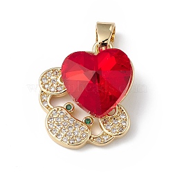Rack Plating Brass Micro Pave Cubic Zirconia Pendants, with Glass, Long-Lasting Plated, Cadmium Free & Lead Free, Crab with Heart, Real 18K Gold Plated, Red, 21x18x8mm, Hole: 5x3mm(KK-C015-01G-03)