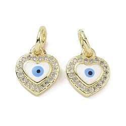 Real 18K Gold Plated Brass Micro Pave Cubic Zirconia Pendants, with Enamel and Jump Ring, Heart with Evil Eye Charms, White, 10.5x9x2.5mm, Hole: 4mm(KK-L209-074G-02)