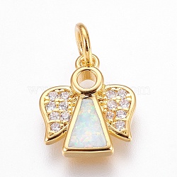 Brass Cubic Zirconia Pendants, with Synthetic Opal, Angel, Golden, White, 14.5x12x2.5mm, Hole: 4mm(ZIRC-G144-03G-01)