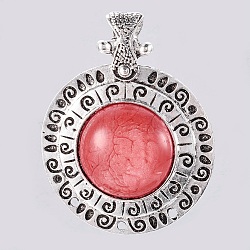 Tibetan Style Alloy Chandelier Components Links, with Resin, Flat Round, Antique Silver, Red, 79x62x10mm, Hole: 6mm(PALLOY-J183-04AS)