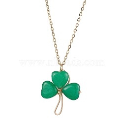 Natural Malaysia Jade Dyed Shamrock Pendant Necklace, Brass Jewelry for Women, Golden, 17.91 inch(45.5cm)(NJEW-JN05023-02)