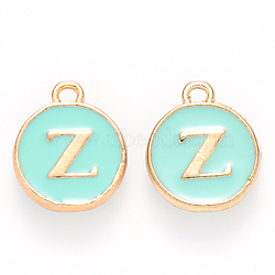 Golden Plated Alloy Enamel Charms, Cadmium Free & Lead Free, Enamelled Sequins, Flat Round with Letter, Turquoise, Letter.Z, 14x12x2mm, Hole: 1.5mm(ENAM-S118-05Z)