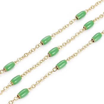 Ion Plating(IP) 304 Stainless Steel Cable Chains, with Enamel Oval Beads, Soldered, with Spool, Flat Oval, Golden, Light Green, 5x2.5mm, Link: 2x1.6x0.3mm, about 32.8 Feet(10m)/roll