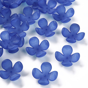 Frosted Acrylic Bead Caps, 4-Petal, Flower, Royal Blue, 27x27x11mm, Hole: 1.8mm, about 276pcs/500g