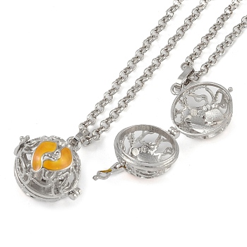 Brass Enamel Pendant Necklaces, Iron Rolo Chains, Round with Footprint Pattern, Platinum, Orange, 32.68 inch(830mm)