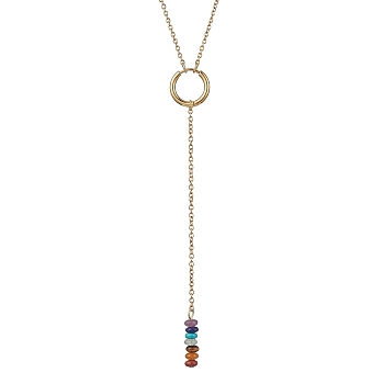 Natural & Synthetic Mixed Gemstone Rondelle Lariat Necklaces, Chakra Theme Necklace with 304 Stainless Steel Cable Chains, Golden, 16.06 inch(40.8cm)