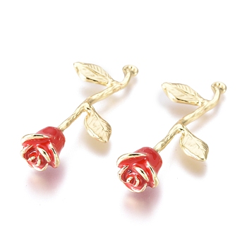 Alloy Pendants, with Enamel, Big Rose Flower, Golden, Red, 38x17x9mm, Hole: 1.2mm