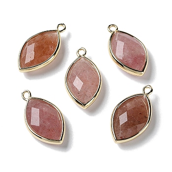 Natural Strawberry Quartz Pendants, with Platinum Brass Edge, Faceted, Horse Eye, 22x12x5.5mm, Hole: 1.8mm