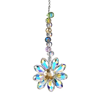 Glass Flower Hanging Suncatchers, Rainbow Maker, for Indoor Window Patio Garden Decorations, Random Hook, Deep Sky Blue, 313~320mm, Hole: 11mm