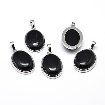 Oval Platinum Tone Brass Natural Black Agate Pendants, Cadmium Free & Lead Free, 31x20x7.5mm, Hole: 5x8mm