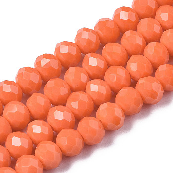 Opaque Solid Color Glass Beads Strands, Faceted, Rondelle, Coral, 6x5mm, Hole: 1mm, about 85~88pcs/strand, 16.1~16.5 inch(41~42cm)