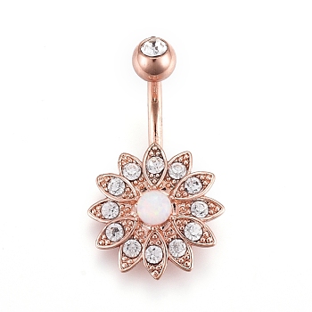 Piercing Jewelry, Brass Cubic Zirciona Navel Ring, Belly Rings, with 304 Stainless Steel Bar & Synthetic Opal, Rose Gold, 26.5x16mm, Bar: 15 Gauge(1.5mm), Bar Length: 3/8"(10mm)