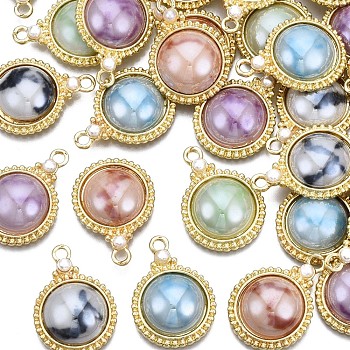 Rack Plating Alloy Pendants, with Porcelain and ABS Plastic Imitation Pearl, Long-Lasting Plated, Golden, Cadmium Free & Lead Free, Half Round, Mixed Color, 22x16x5.5mm, Hole: 2mm