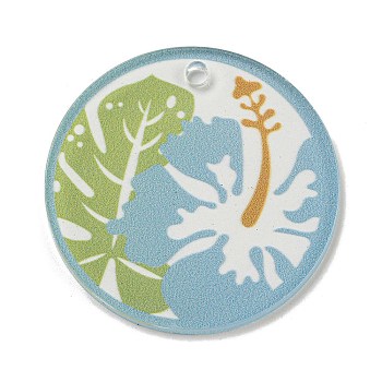 Opaque Acrylic Pendants, Flat Round with Flower, Light Sky Blue, 45x3mm, Hole: 3.5mm
