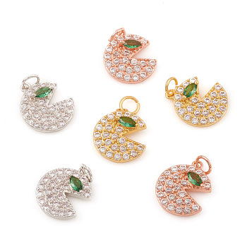Brass Micro Pave Cubic Zirconia Charms, with Jump Ring, Gap Flat Round, Clear & Green, Mixed Color, 12.5x10.5x2.5mm, Jump Ring: 4x0.6mm, Hole: 2.5mm