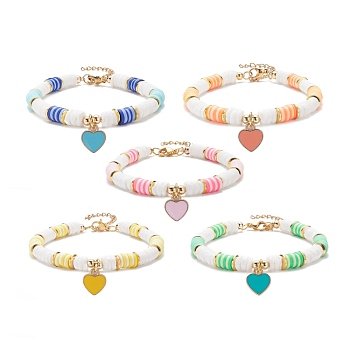 Heart Charm Bracelet, Polymer Clay Heishi Surfer Bracelet, Preppy Jewelry for Women, Golden, Mixed Color, 7-5/8 inch(19.4cm)