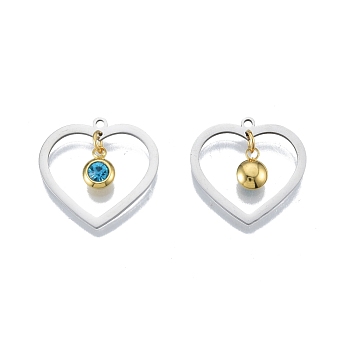201 Stainless Steel Pendants, with Rhinestone, Heart with Flat Round, Real Gold Plated & Stainless Steel Color, Capri Blue, 23x24x1mm, Hole: 1.6mm