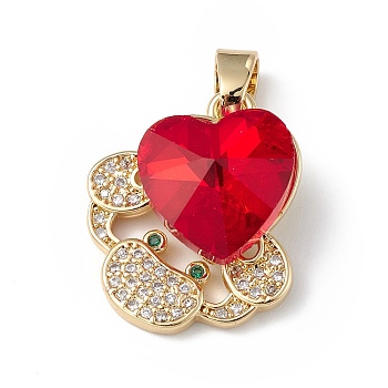 Rack Plating Brass Micro Pave Cubic Zirconia Pendants, with Glass, Long-Lasting Plated, Cadmium Free & Lead Free, Crab with Heart, Real 18K Gold Plated, Red, 21x18x8mm, Hole: 5x3mm