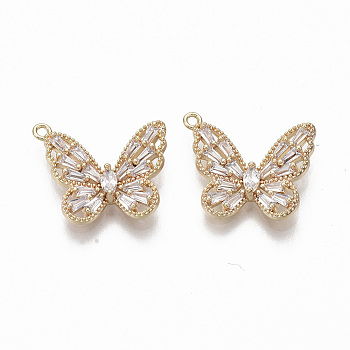 Brass Micro Pave Cubic Zirconia Pendants, Nickel Free, Butterfly, Real 18K Gold Plated, Clear, 14x17x3mm, Hole: 1.2mm