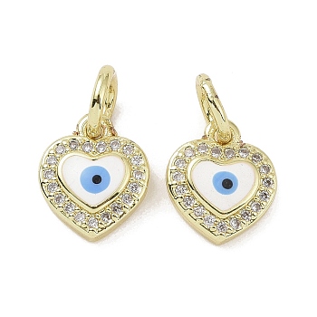 Real 18K Gold Plated Brass Micro Pave Cubic Zirconia Pendants, with Enamel and Jump Ring, Heart with Evil Eye Charms, White, 10.5x9x2.5mm, Hole: 4mm