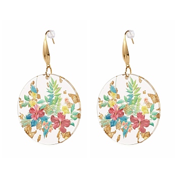 Transparent Epoxy Resin Flat Round with 3D Printed Flower Pattern Dangle Earrings, with Gold Foil, with 316 Surgical Stainless Steel Hooks, Colorful, 65mm, Pin: 0.7mm